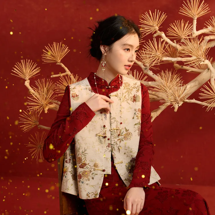 三彩【金风玉露】2026春季新款雪尼尔提花马甲外套无袖宽松C