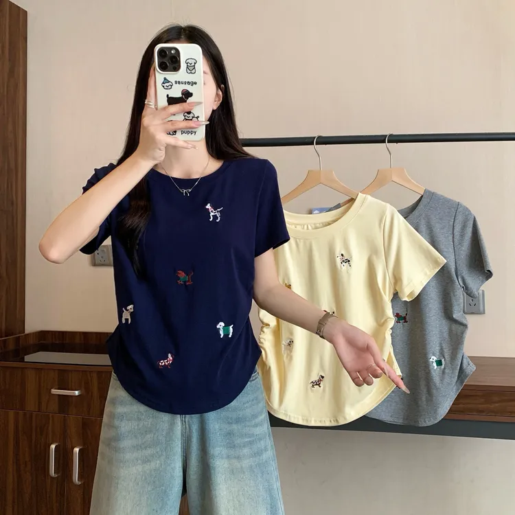 2025年大码女装新款设计感小狗刺绣短袖T恤女3175