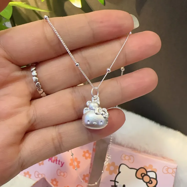 坠链均足银 足银999凯蒂猫背熊+隔珠链锁骨链小众甜美项链百搭