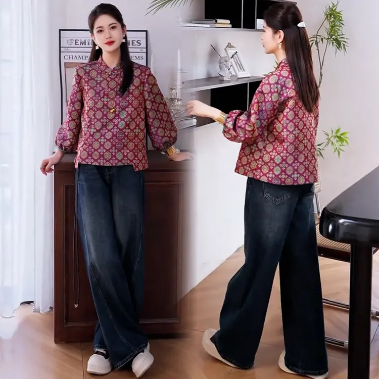 拉夏贝尔新中式国风衬衫女2025秋季新款显瘦减龄别致盘扣长袖衬衫