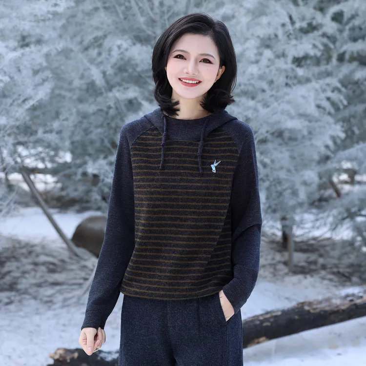 枫竺阿楠anan条纹拼接飞鸟刺绣连帽厚款卫衣女秋冬休闲打底上衣