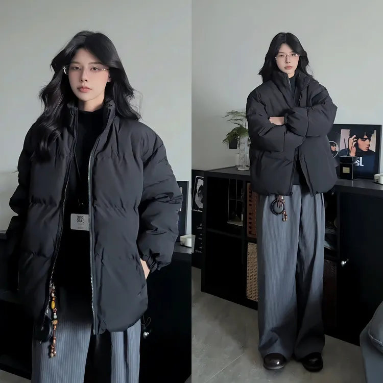 黑色立领棉服男冬季加厚保暖情侣棉衣外套美式复古夹克面包服袄子