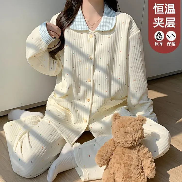 印像家秋冬夹层睡衣女翻领开衫甜美可爱套装家居服可外穿