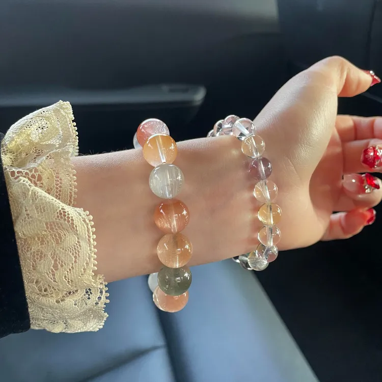 天然水晶粉兔毛手串彩色顺发晶手链时尚女款甜美色系女多样性发一