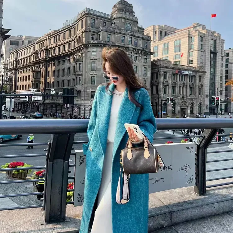 「蓝海精灵」秋冬女长款时尚毛呢外套常规袖气质扎染设计师