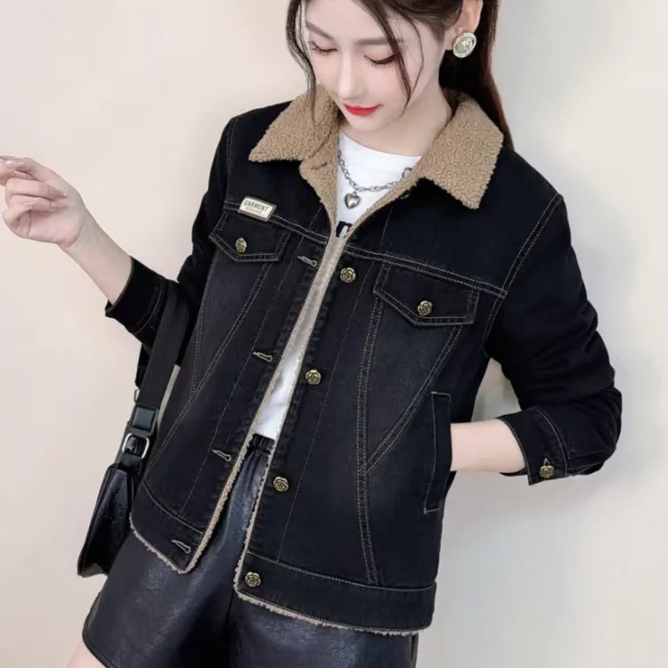 百花果2025冬季新款洋气修身显瘦百搭保暖加绒牛仔外套