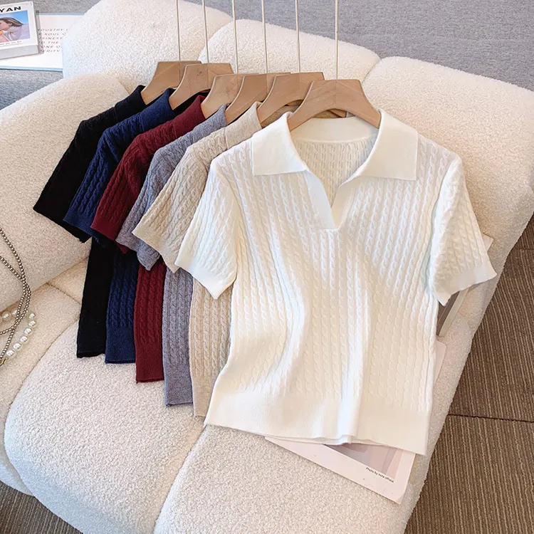 Polo衫短款小个子女设计感翻领修身针织打底夏季新款