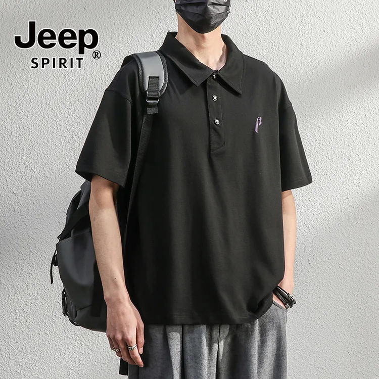 JEEPSPIRIT吉普索罗娜凉感黑色短袖polo衫男夏季薄款百搭美式宽松