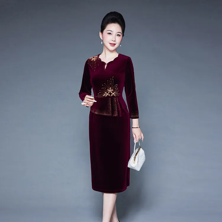 秋冬女办婚礼结婚妈妈装喜婆婆保暖金丝绒假两件婚宴礼服旗袍喜服