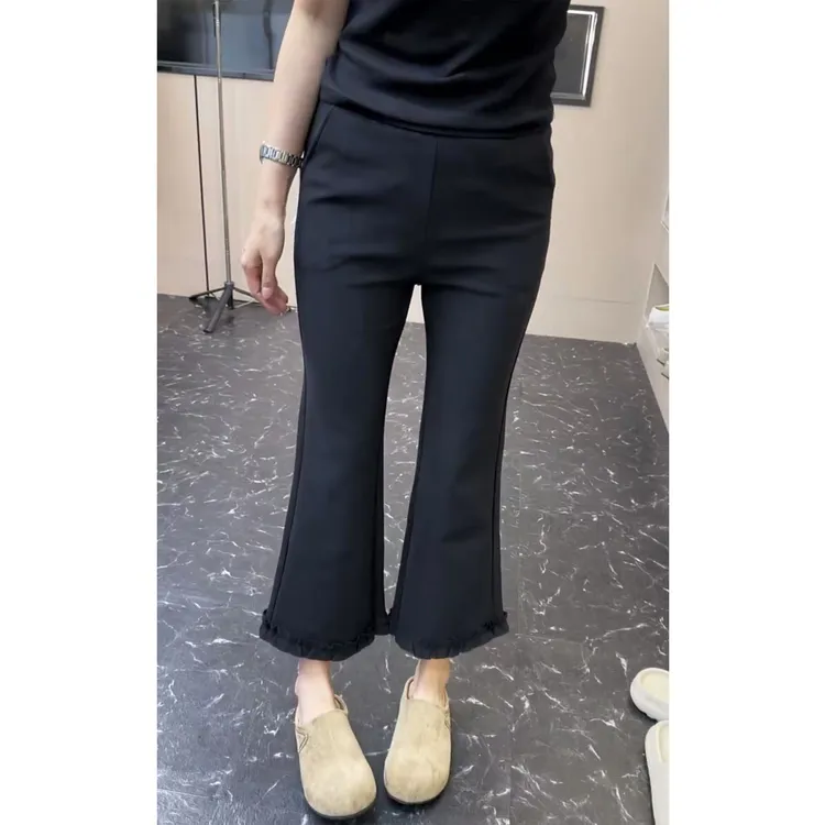 艾塔莉早秋高腰九分裤窄版修身烟管裤直筒裤花边休闲裤弹力微喇裤