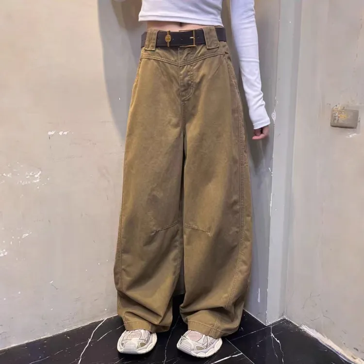 美式复古口袋弯刀秋叶黄休闲裤女2025早秋新款宽松简约休闲拖地裤