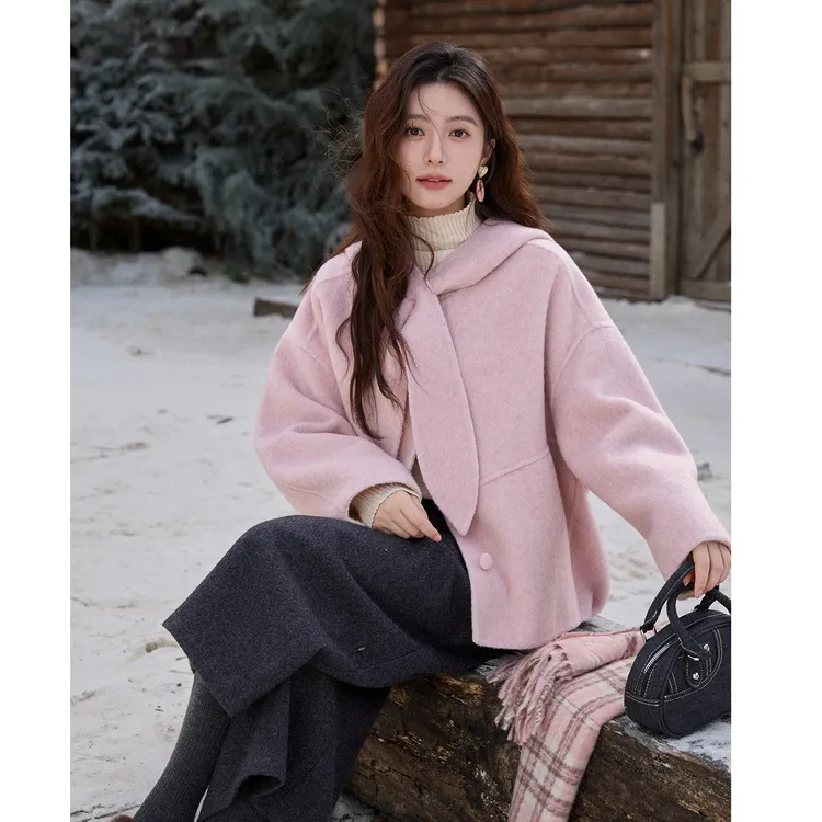 谜秀设计款新品手工定制粉色双面呢外套连帽蝴蝶结绑带温柔设计感