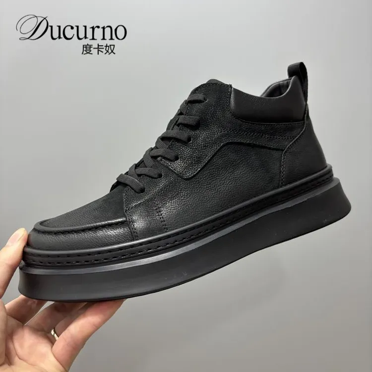 新款黑色高帮鞋男高端板鞋低帮休闲皮鞋男款痞帅高级感休闲皮鞋
