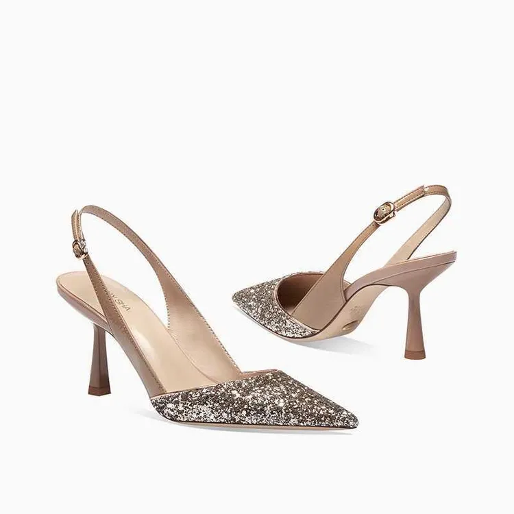 2025春夏新款亮片尖头一字扣高跟鞋拼色后空细跟包头凉鞋女单鞋