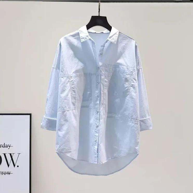 mm韩版浅蓝色双口袋棉衬衫小清新文艺范bf风春秋季设计感宽松衬衣