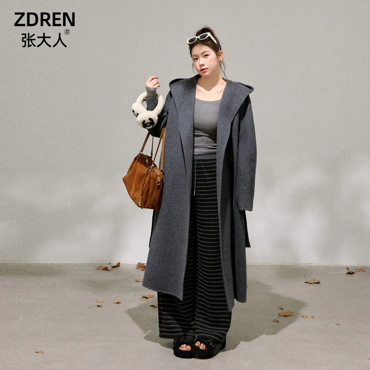 张大人【松弛老钱风】大码女装微胖妹妹韩版灰色连帽双面呢外套
