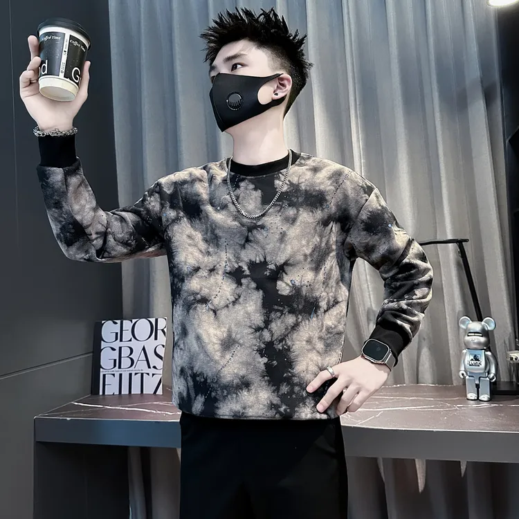 男士小众扎染卫衣春秋季做旧长袖T恤2025新款男装上衣内搭打底衫