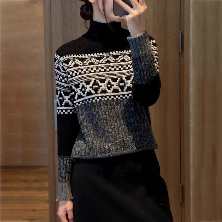 高领撞色针织衫女秋冬新款费尔岛风洋气减龄毛衣提花打底长袖上衣
