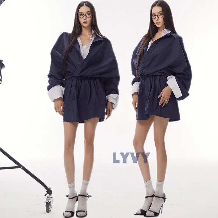 【LYVY2店-连体衬衣裙】袁伶嫣同款廓形藏蓝色衬衣裙腰部抽绳宽松