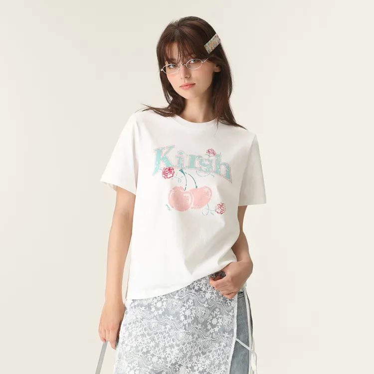 【关晓彤同款】樱桃KIRSH 经典撞色印花圆领短袖韩系休闲百搭T恤