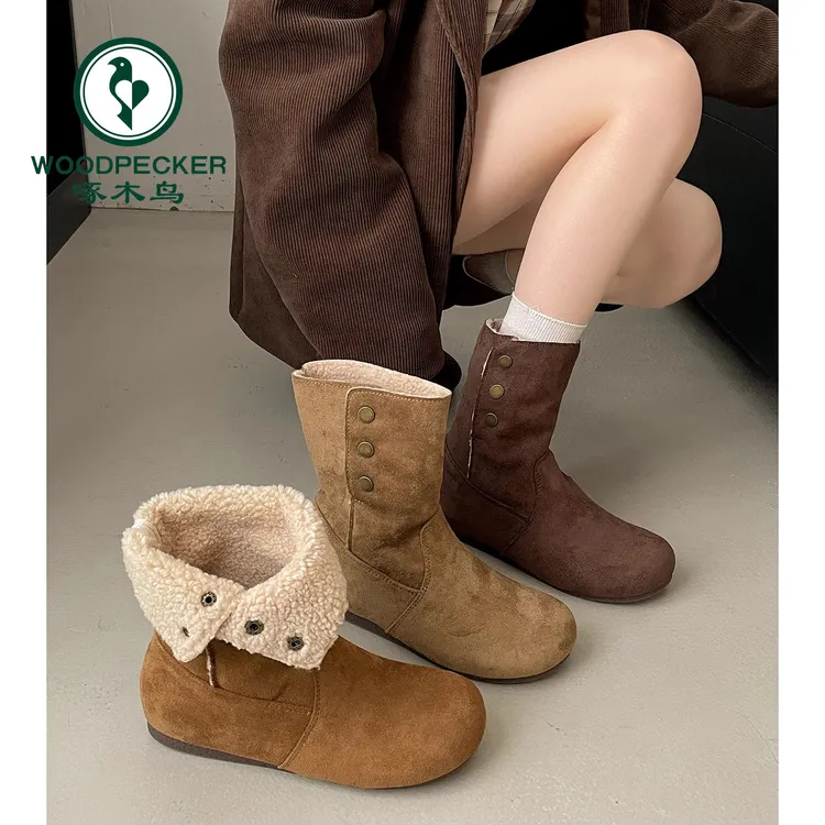 啄木鸟复古美拉德厚底加绒靴子女2025新款冬保暖加厚雪地勃肯短靴