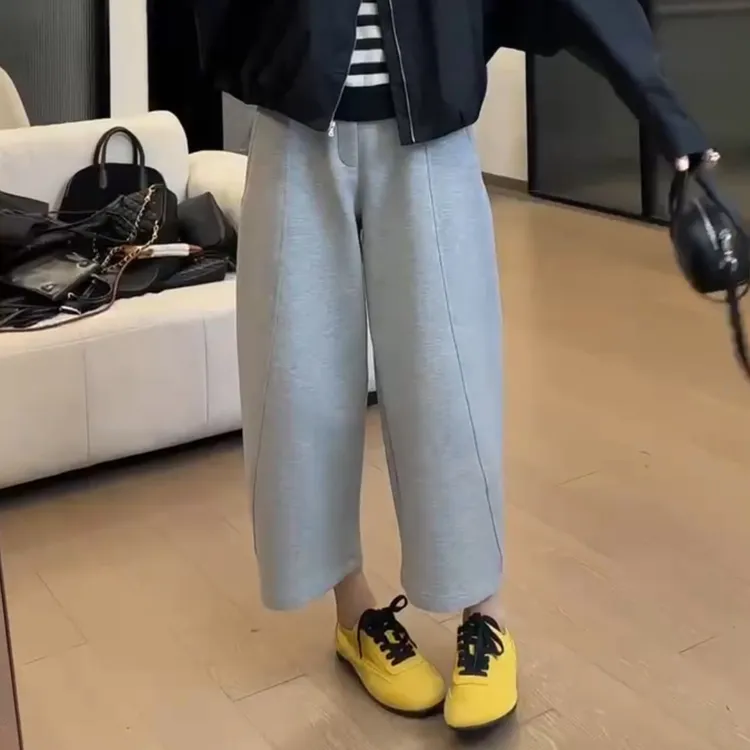 萱贝纯春季新款宽松立体剪裁休闲裤百搭阔腿半松紧九分南瓜裤子女