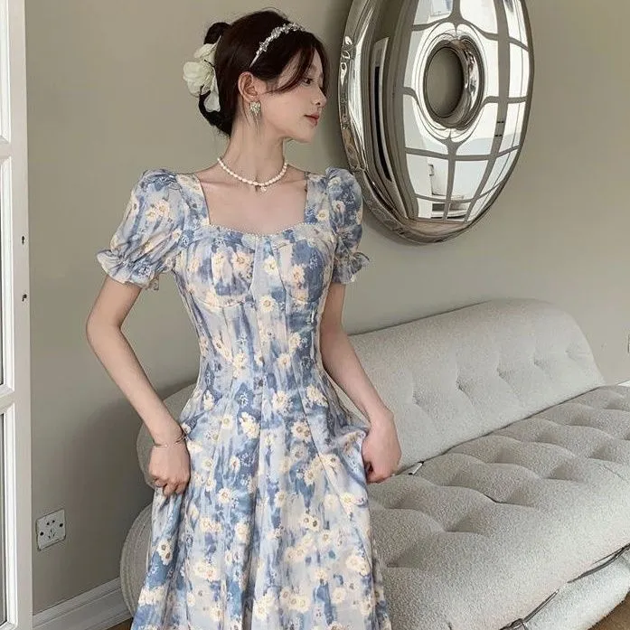 法式复古蓝色油画碎花连衣裙收腰显瘦方领气质优雅大码甜美长裙子