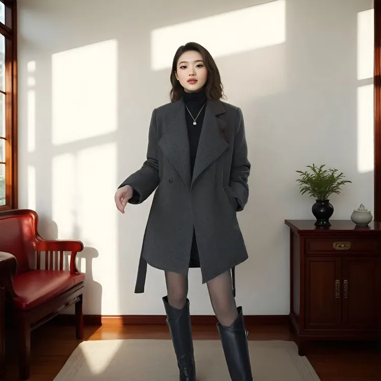 可拆卸羽绒内胆韩版显瘦加厚款毛呢外套法式小个子立领羽绒大衣