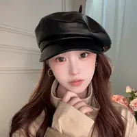 朵澜新品春秋韩版大头围pu贝雷帽海军帽显脸小气质画家帽帽子女