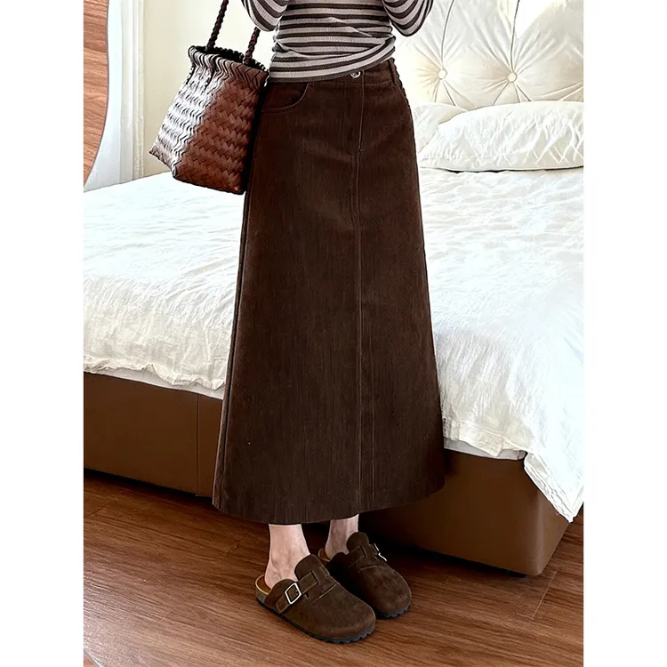大码胖mm咖色灯芯绒半身裙女秋冬季高腰直筒裙中长款开叉一步裙子