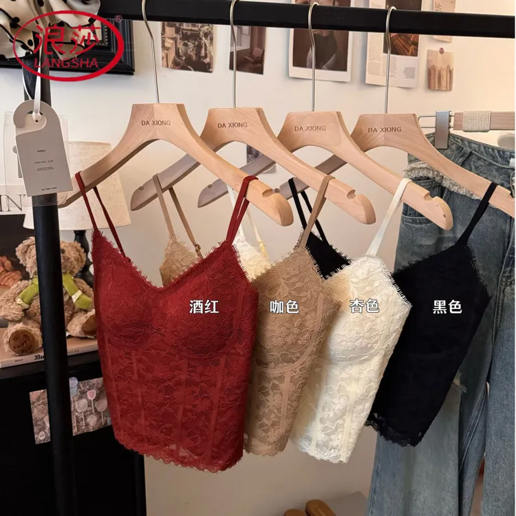 浪莎性感轻奢秋冬美背文胸一体蕾丝吊带打底内搭百搭细肩带背心女