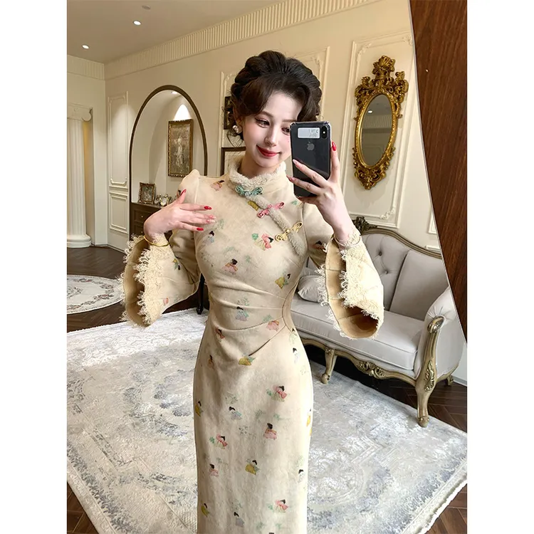 现货一生罗曼【彩唐】秋冬新款旗袍中长款新中式连衣裙L1565