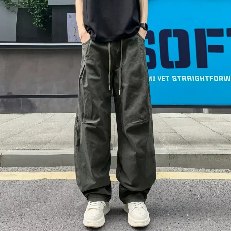 美式潮流拼接军绿色工装裤男秋季垂感宽松直筒百搭休闲长裤ins潮