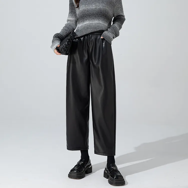黑色PU皮裤阔腿裤女秋款2025新款酷飒风高腰休闲直筒显瘦九分裤