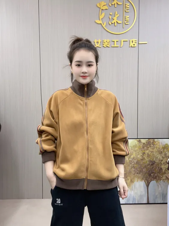 【沐沐】春秋加绒加厚时尚休闲百搭宽松双面澳粒绒立领拼接外套