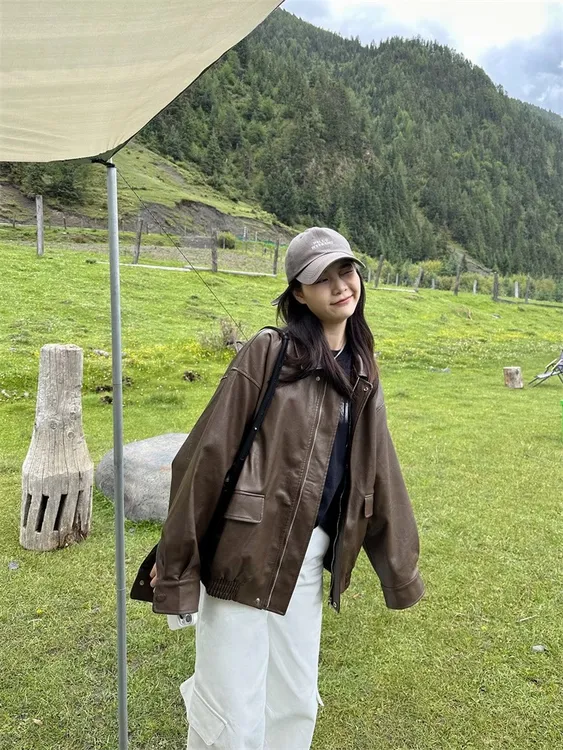 皮衣外套女PU皮秋季新款宽松软皮超火棕色皮夹克百搭美拉德穿搭秋