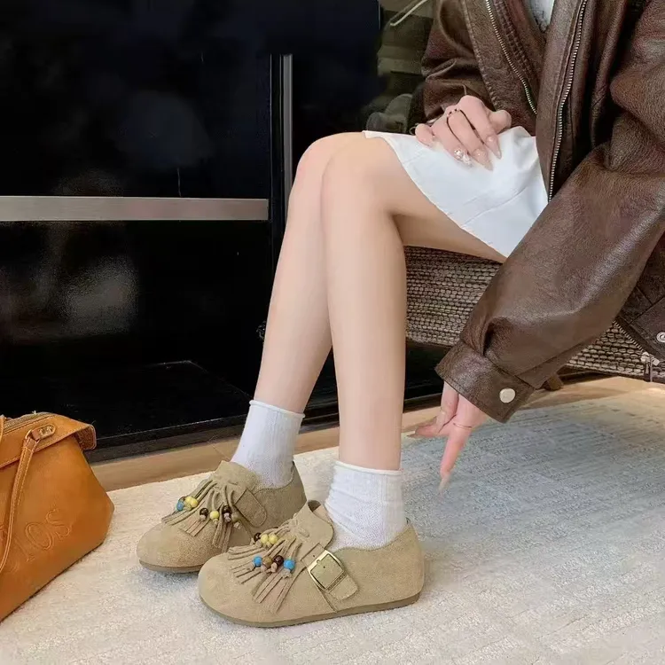 厚底内增高流苏串珠全包勃肯鞋女2025秋季新款一脚蹬博肯单鞋柔软