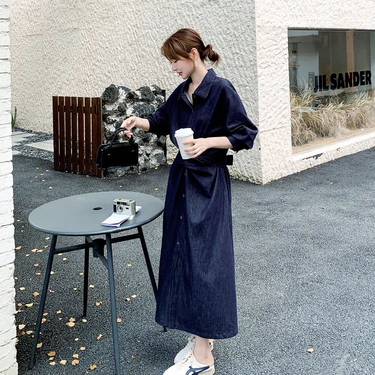 韩系甜酷气质系带牛仔连衣裙女2025年秋季新款小个子显瘦衬衫长裙