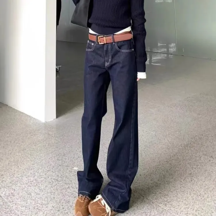 高腰垂感直筒窄版阔腿深蓝色显瘦牛仔裤适合高个子