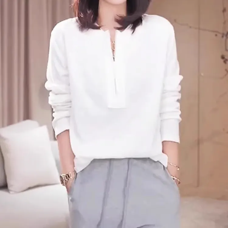 设计感半拉链白色T恤秋季新款胖MM大码女装休闲洋气内搭长袖上衣
