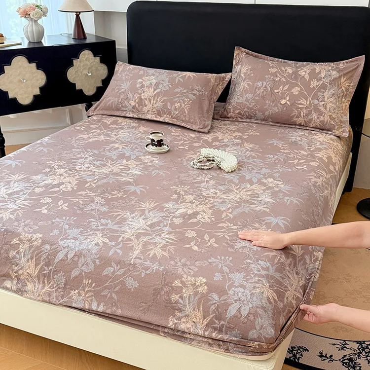 A类印花原麻皱皱纱防滑透气床套席梦思床笠可机洗双层纱防尘床罩