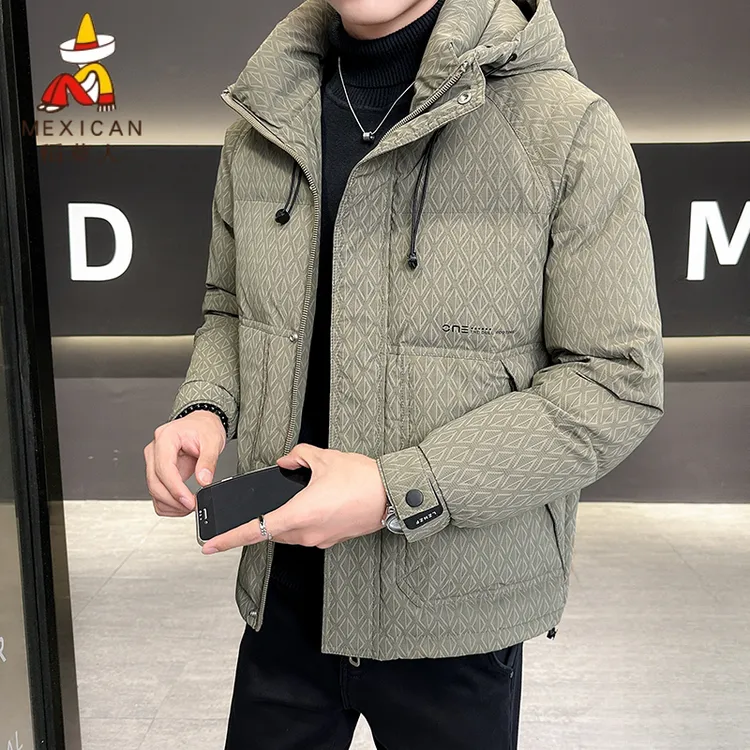 Mexican/稻草人连帽羽绒服男士2025新款冬季加厚保暖菱形格印花