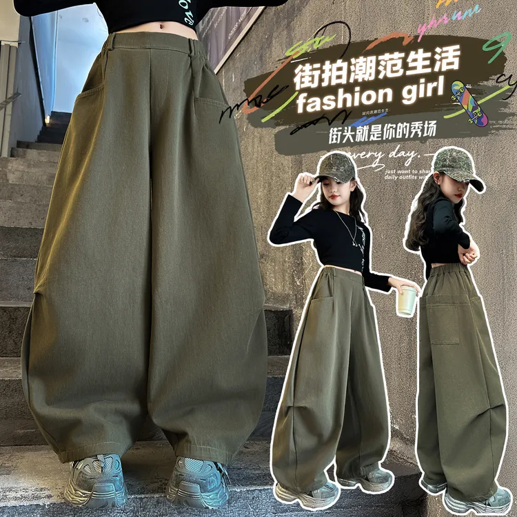秋季女童大口袋韩版潮酷弯刀裤2025新款时尚宽松女大童百搭阔腿裤
