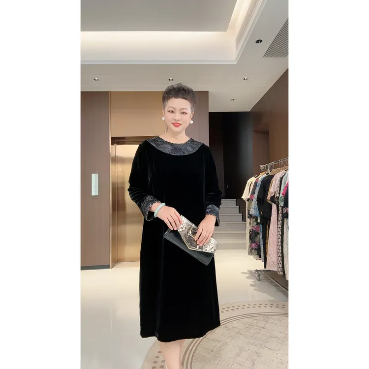 桑蚕丝真丝丝绒中长款宽松显瘦连衣裙T13