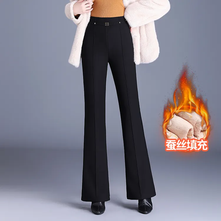 蚕丝棉裤喇叭裤女秋冬季加绒加厚高腰黑色显瘦中老年微喇休闲裤春