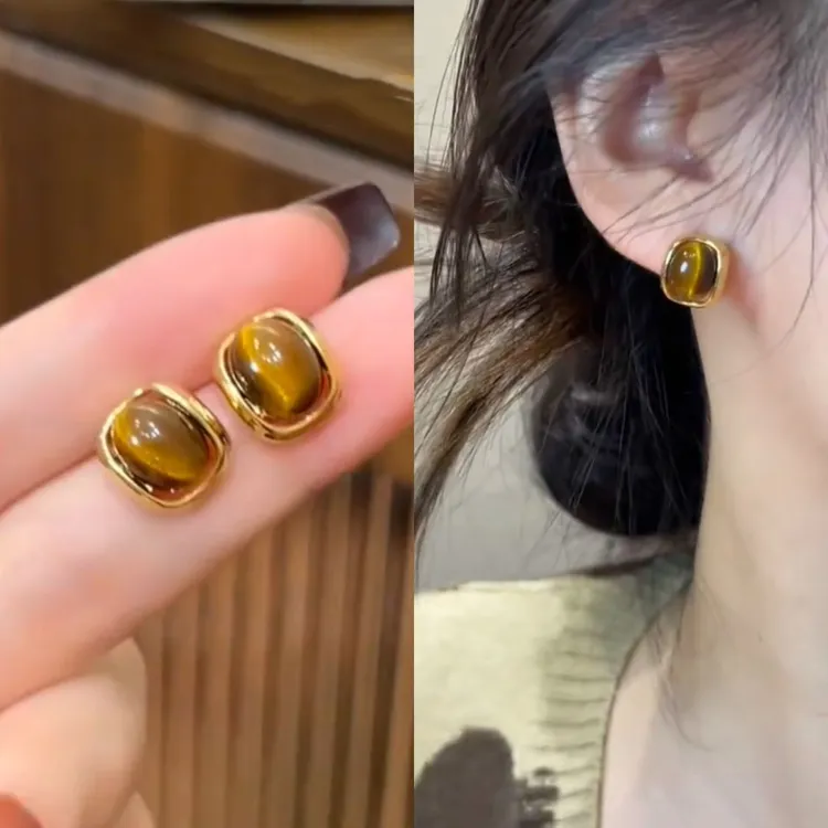 925银树脂耳饰 简约时尚美拉德猫眼石耳钉虎眼石轻奢高级S925针 