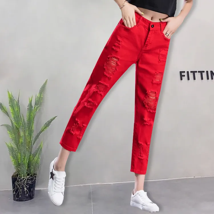 红色牛仔裤女士直筒夏季薄款破洞高腰显瘦大码九分裤哈伦女款裤子