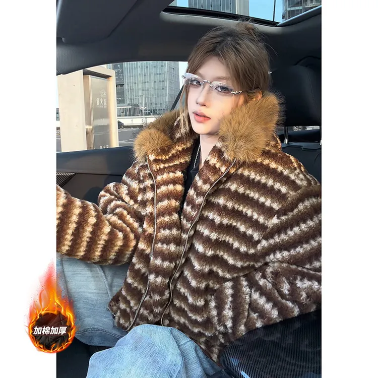 美式复古条纹连帽座山雕棉服男冬季加厚保暖毛领棉衣情侣毛绒外套
