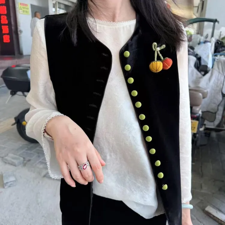 【南瓜】气质小香风洋气黑色丝绒马甲女新中式国风马夹