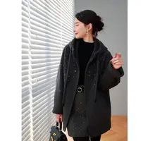 HELA AOMI“钉珠大衣”100%绵羊毛手工钉钻连帽休闲通勤风毛呢大衣